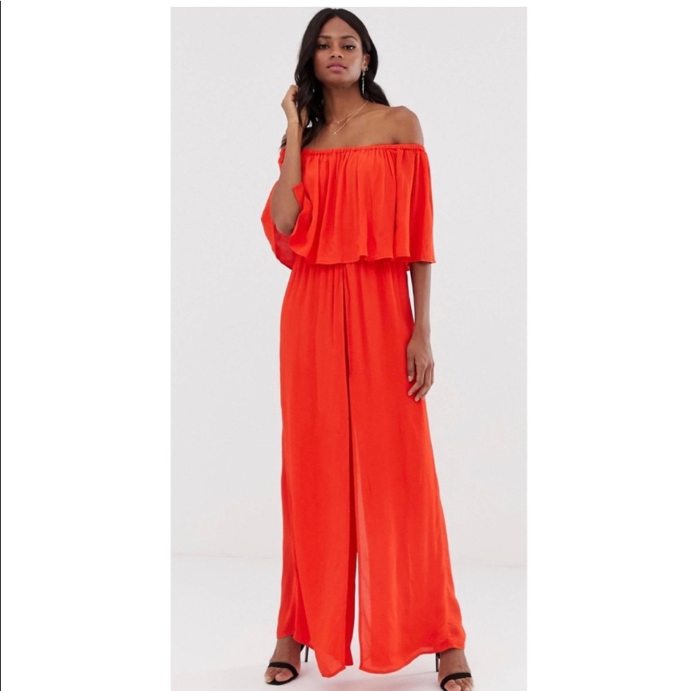 Off the shoulder coral flounce jumpsuit
